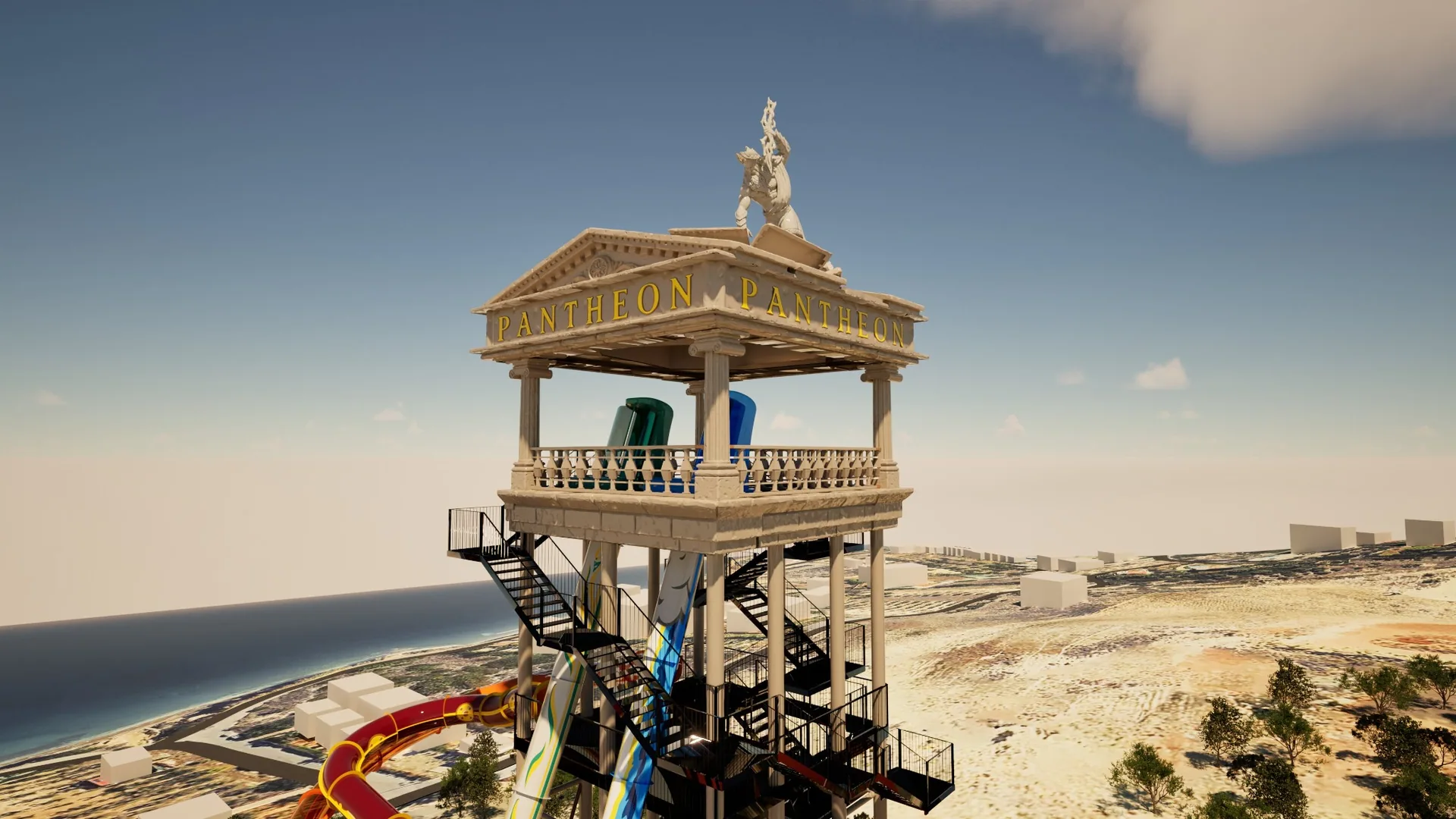 Pantheon themed water slide tower